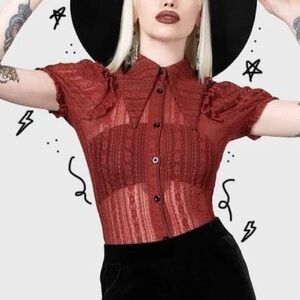 Killstar Sheer Lace Button-Down Top in Burgundy Red
